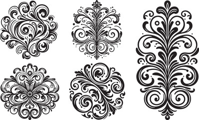 floral retro vintage patterns, ornamental vines and leaves, black vector graphic