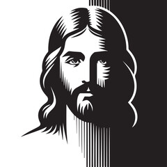 black and white portrait of Jesus, typical face, black vector graphic