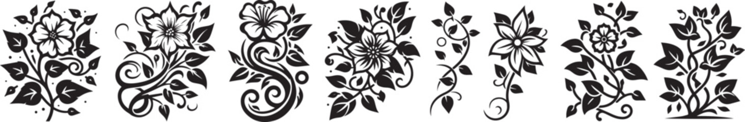 beautiful climbing flowers, twining plants and leaves, black vector graphic