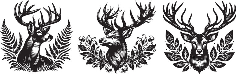 deer heads adorned with leaves, black vector graphic laser cutting engraving