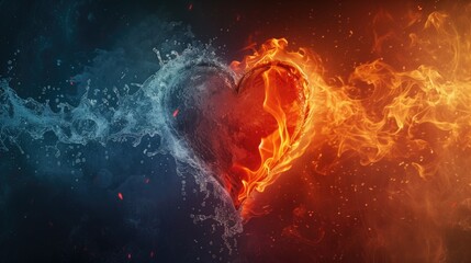 Burning heart on the black background, Fire ice heart on a dark background, The abstract heart, generative ai