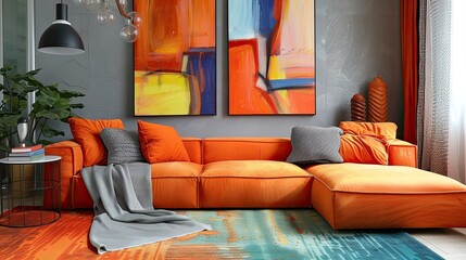 Orange sofa and carpet in modern living room interior with abstract paintings on the wall. Luxury home design of a big house, in the style of modern artists 3
