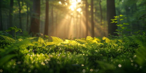 Radiant sunbeams filter through lush greenery in a dense forest, casting a magical glow over the vibrant underbrush. - obrazy, fototapety, plakaty
