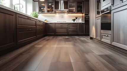 Modern kitchen with brown facades and vinyl panels on the floor.