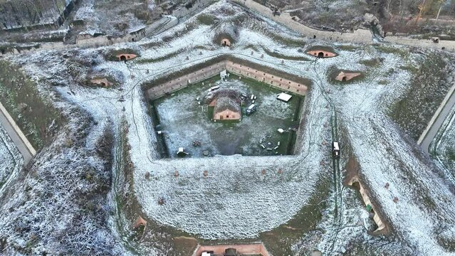 Aerial drone view of Nysa Stronghold early modern defensive systems. Fort nysa. Prussian fortress nysa in Opole. Fort Prussia, erected on the hills of the northern bank of the Nysa Klodzka rive