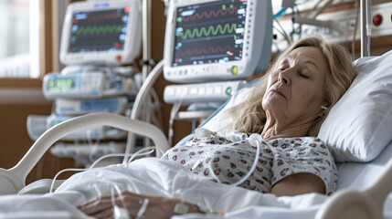 Middle-Aged Woman Recuperating in Hospital with Life Support Monitors