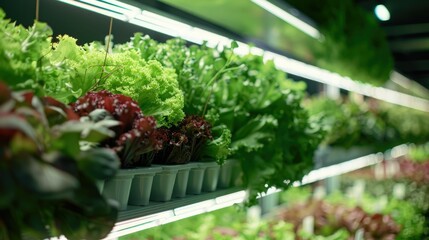 Fototapeta na wymiar Vertical farming indoors, layers of cartoon plants growing under LED lights