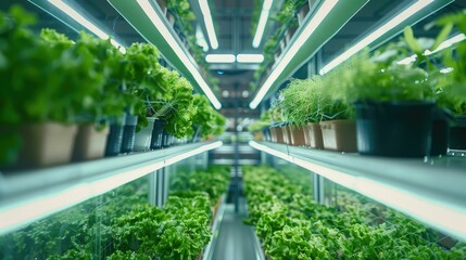 Vertical farming indoors, layers of cartoon plants growing under LED lights - obrazy, fototapety, plakaty