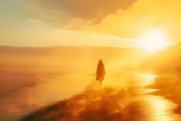Tuinposter A woman walks along a sun-drenched beach, with windswept sands swirling around in a vast, golden landscape © ritfuse