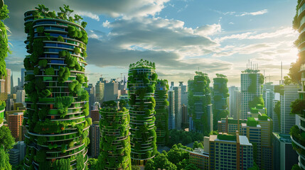 A skyline dominated by sleek, eco-friendly skyscrapers featuring rooftop gardens, vertical farms,...