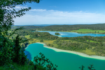 Lakes of the Jura, scenic jurassic landscape view from Belvedère des Quatres Lacs (Four lakes viewpoint), France - 756639126