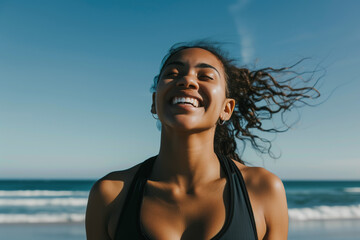 Smiling, happy woman jogging at the beach in the early evening sun