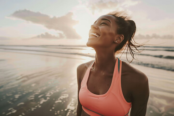 Smiling, happy woman jogging at the beach in the early evening sun