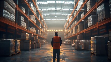 A їman works to inspect merchandise while walking through a distribution warehouse. - obrazy, fototapety, plakaty