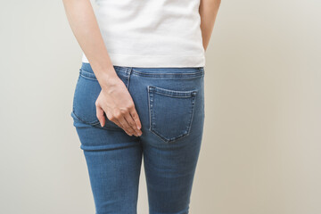 Health care, pain asian young woman suffering from hemorrhoid, anus, diarrhea and constipation,...