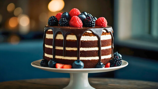 Delicious chocolate dessert with fruit on top.