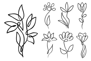 Line art floral set. Flowers drawn with one line. Continuous thin line flower illustrations collection.
