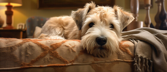 Adorable fluffy wheaten terrier dog relaxing on the co - obrazy, fototapety, plakaty