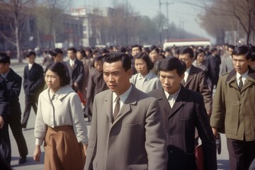 Crowd of Asian people walking city street in 1960s