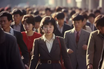 Fotobehang Crowd of Asian people walking city street in 1980s © blvdone