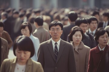 Crowd of Asian people walking city street in 1960s