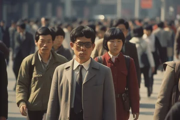 Papier Peint photo Pékin Crowd of Asian people walking city street in 1970s