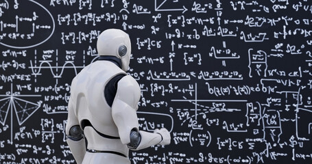 Human-like robot thinking out loud. Smart android person solving scientific problem writing formulas on chalkboard focused on studies. Future and knowledge concept.