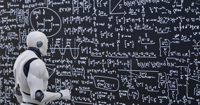 Human-like robot thinking out loud. Smart android person solving scientific problem writing formulas on chalkboard focused on studies. Future and knowledge concept.