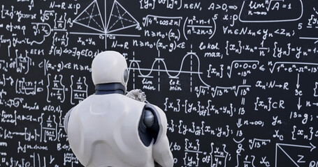 Human-like robot thinking out loud. Smart android person solving scientific problem writing formulas on chalkboard focused on studies. Future and knowledge concept. - 756640517