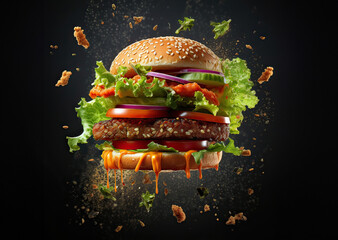 Floating burger isolated on black wooden background. delicious