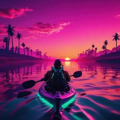 Fotobehang Man kayaking on the river at sunset. 3D Rendering © Badr