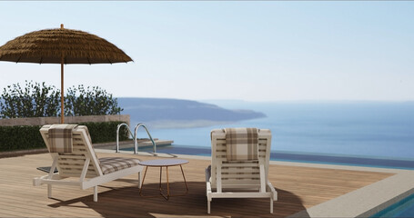 Swimming pool with beach lounge chair sun bed on the wooden deck and sea view.