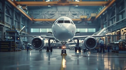 aviation hangar in which an aircraft is assembled - obrazy, fototapety, plakaty