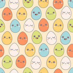 Seamless pattern with trendy retro cartoon Easter egg characters. Groovy style, vintage. Happy Easter. Vector illustration in flat style