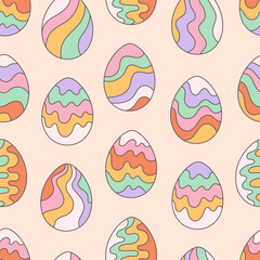 Seamless pattern with Easter eggs in retro style. Groovy style, vintage. Easter seamless pattern. Vector illustration in flat style