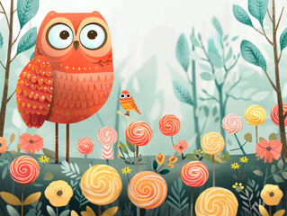 Illustrate a minimalist lollipop forest clearing where candy critters gather to listen to tales spun by a wise old chocolate owl.graphic design - obrazy, fototapety, plakaty