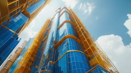 High rise building construction in blue and gold tones. Skyscrapers with wide windows are rised under blue sky above - obrazy, fototapety, plakaty