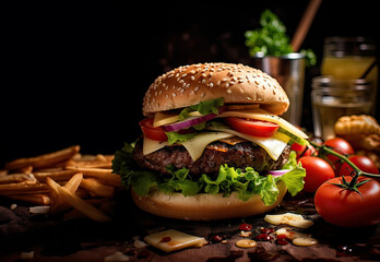 Craft beef burger and french fries on wooden table isolated on dark background.. delicious