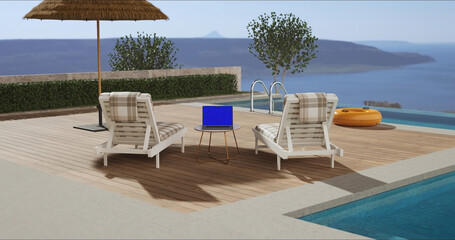 Swimming pool with beach lounge chair sun bed on the wooden deck and sea view. Laptop place on table, blue screen display, Close up monitor of notebook with mock up