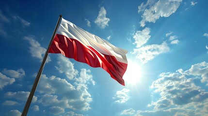 Waving on wind polish national flag. Flag of Poland country on blue sky background