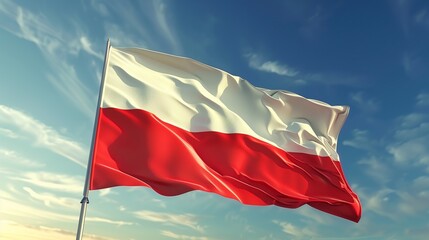 Waving on wind polish national flag. Flag of Poland country on blue sky background