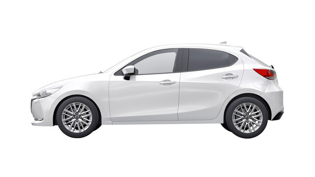 Madrid. Spain. February 28, 2024. Mazda 2 2021 white compact city car on a white background. 3d illustration.