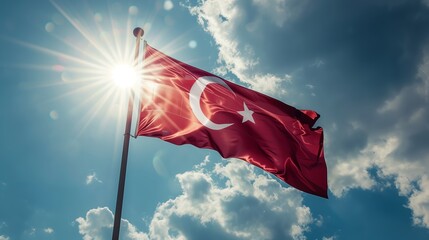 Waving flag of Turkey under sunny blue sky. Turkish national flag of country - obrazy, fototapety, plakaty