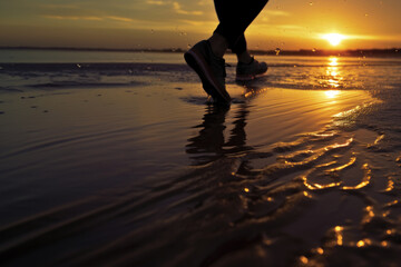 Runner  Running In The Beach At Sunset .Close-Up of Seaside Trail Run.Background
