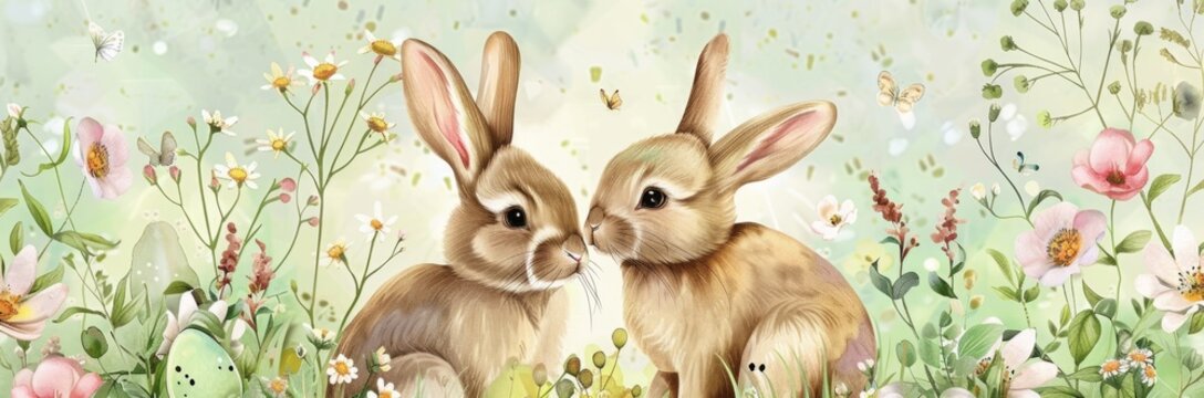 Cute rabbits and eggs in the garden Soft cute colors and a simple design Generative AI