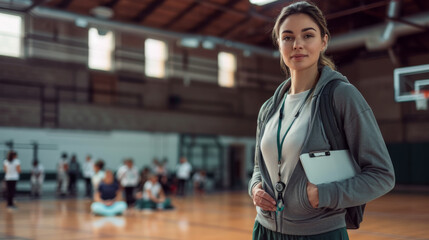 female coach holding a clipboard is standing in a gymnasium with a group of students seated on the floor in the background