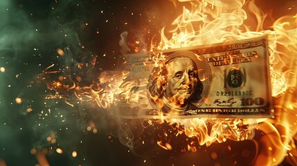 Burning dollar banknote. Abstract background. Close-up. Flames. Abstract flames symbolize economic turmoil. - obrazy, fototapety, plakaty