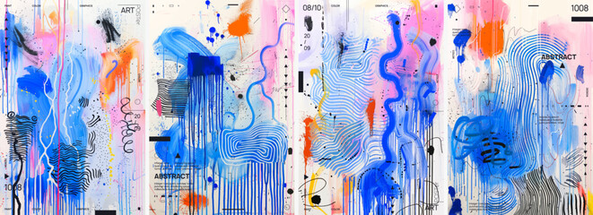 An abstract set poster featuring dynamic slanted lines and splattered paint in varying shades of blue, orange, and black. Curvilinear shapes create a bold painting with vibrant hues of blue and pink