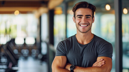 Fototapeta na wymiar smiling man with crossed arms standing confidently in a gym