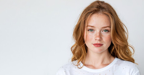 A woman with red hair and green eyes is wearing a white shirt. She has a greenish tint to her eyes and a rosy glow to her cheeks